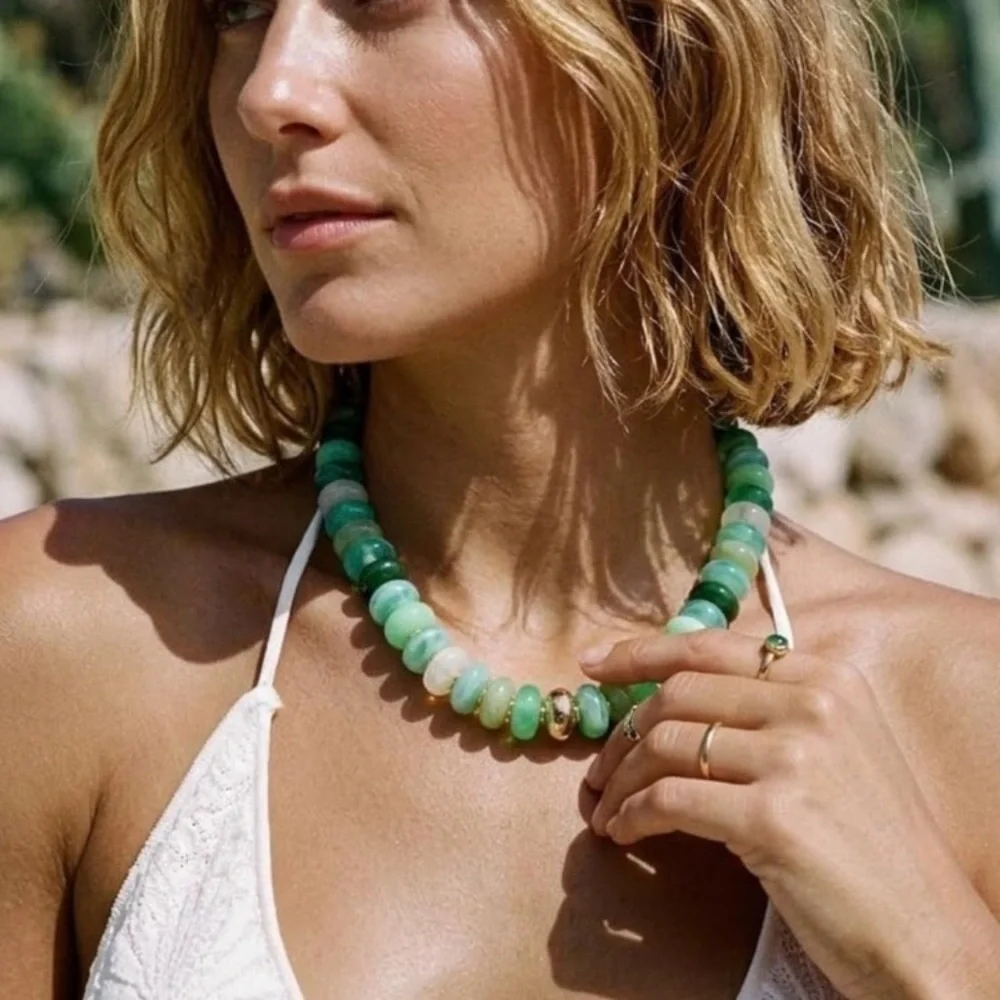 Green Beaded Necklace with Gold Accents new
